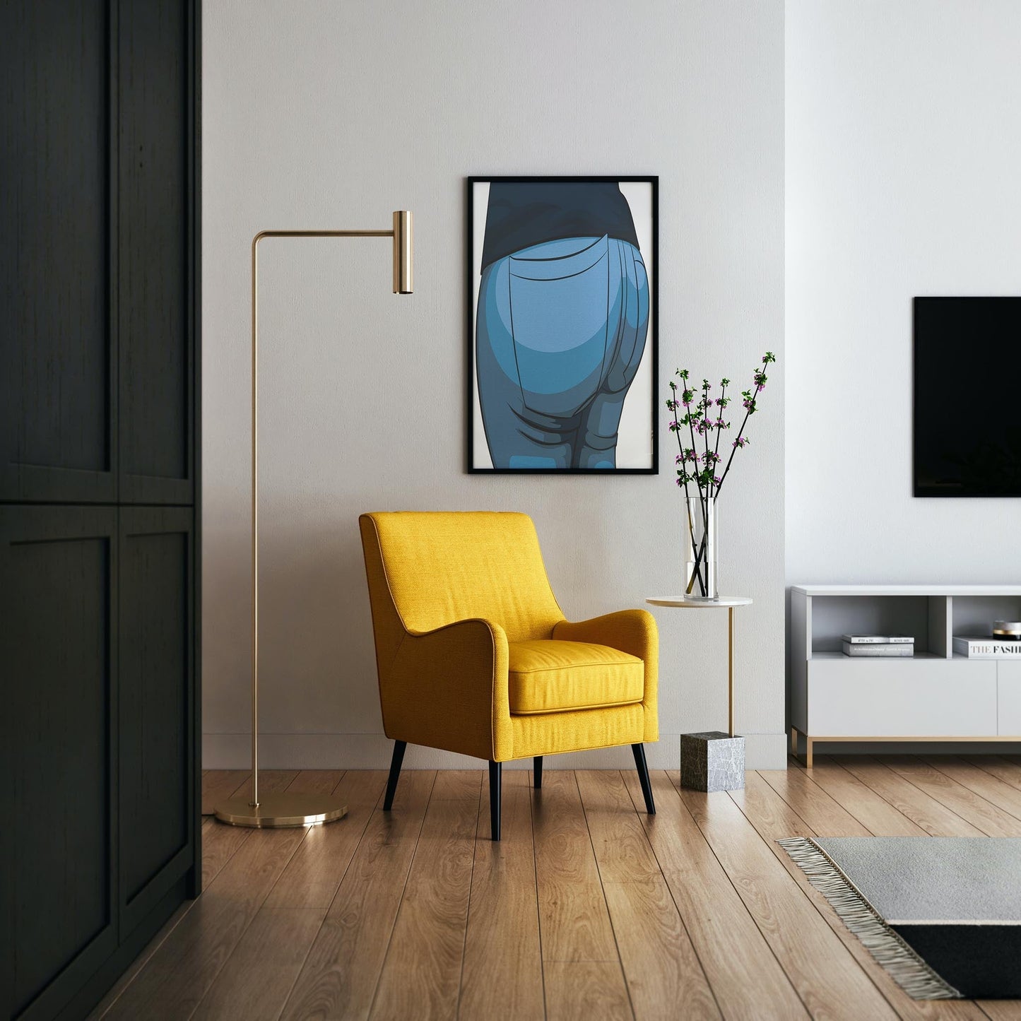Modern living room with yellow armchair, abstract jeans artwork on wall, and minimalistic decor.