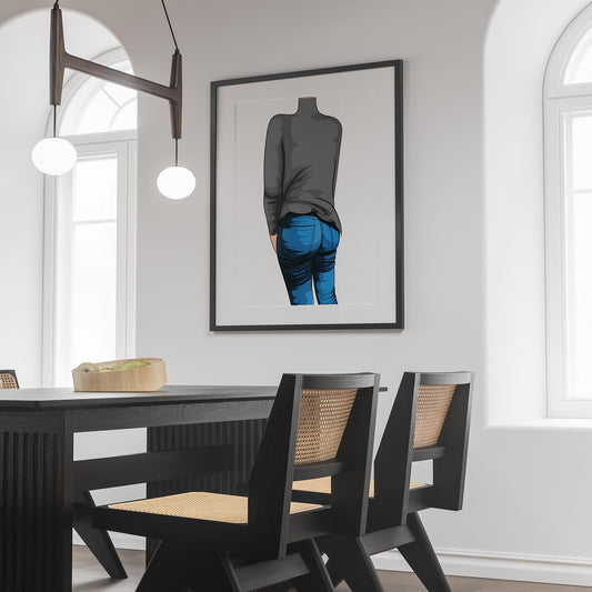 Illustration of chic denim jeans with gray turtleneck, emphasizing detailed texture and shading for fashion-focused digital art.