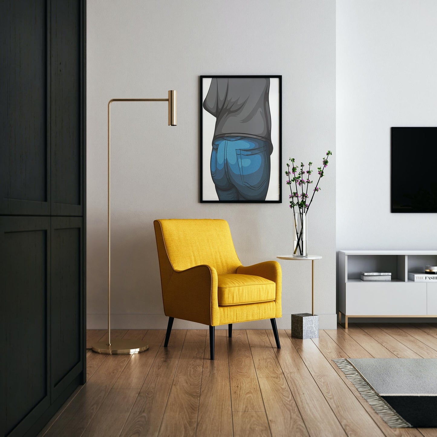 Yellow chair and artwork of jeans in modern living room setting.