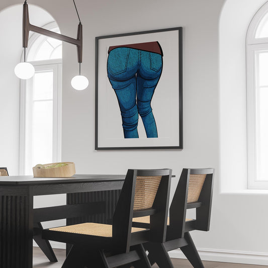 Vibrant blue denim jeans artwork framed on wall in modern dining room.