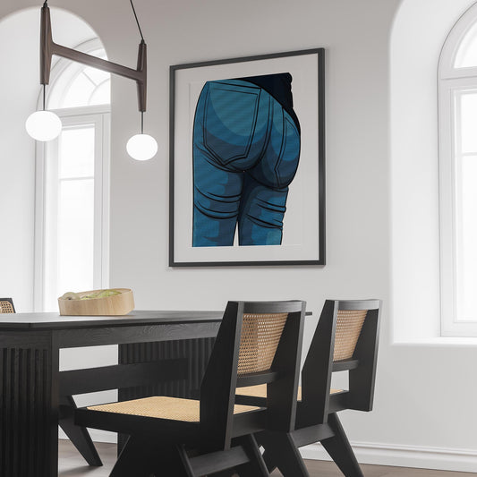 Modern interior featuring framed digital art of jeans on wall.