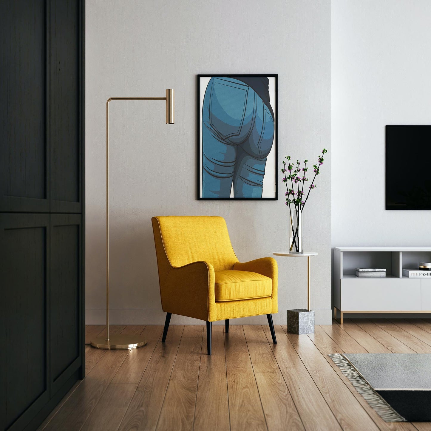 Yellow chair in modern living room with artwork depicting jeans denim on the wall.