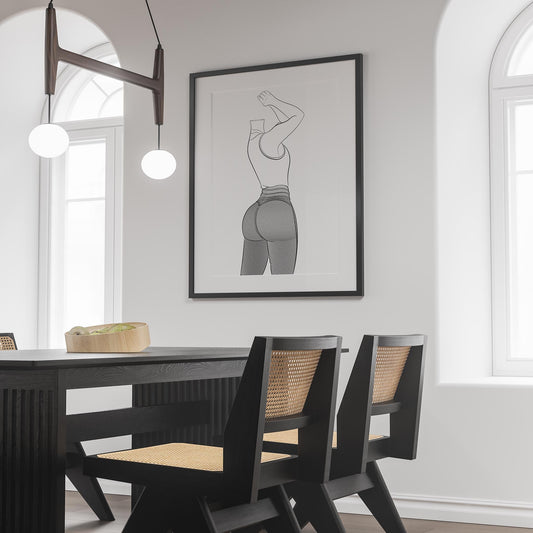 Modern interior with framed "Jeans Denim - Line Model Art 26" artwork above dining table.