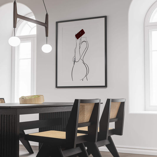 Line art of headless figure taking selfie, pop art style, Model 14, displayed in modern room setting.