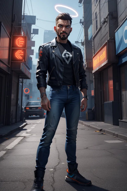 Innovative cyberpunk street fashion man with neon visuals, embodying futuristic urban style.