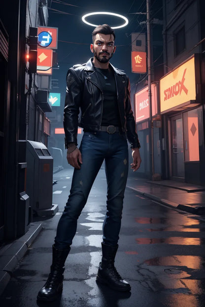 Cyberpunk-inspired artwork of a man in a neon-lit street, wearing a leather jacket and jeans.