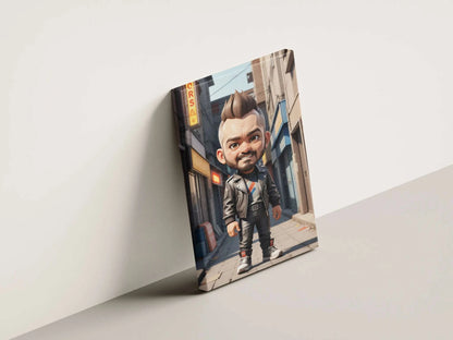 Miniature doll-like A.I. art canvas featuring a unique anime character with a big head and small body in an urban setting.