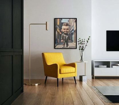 Anime character canvas art in modern living room décor.