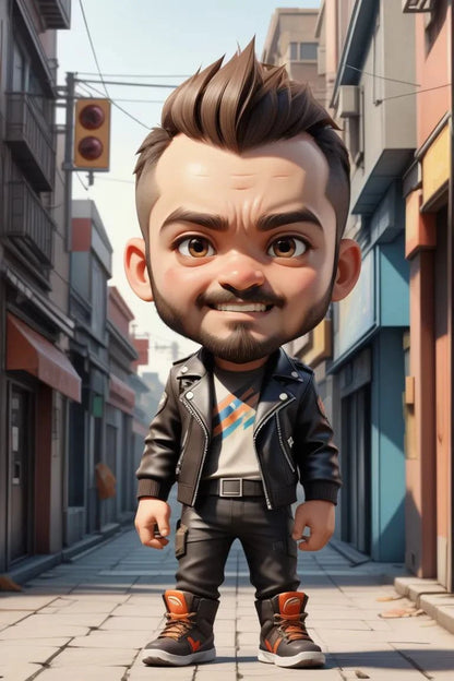 Unique anime character art with big head and small body style, depicted on a city street.