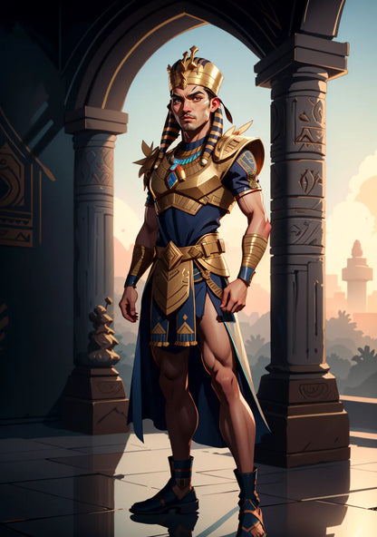 Ancient Egypt pharaoh A.I. art with golden crown, hieroglyphic background, and regal attire.