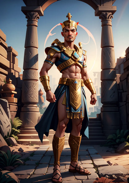 Ancient Egyptian-inspired A.I. art depicting a pharaoh in a golden crown and regal attire against a hieroglyphic backdrop.