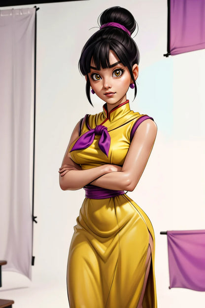 Custom anime-style art of a character in a yellow and purple outfit, created using A.I. technology.
