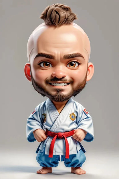 Custom A.I. art digital design of a smiling man in a martial arts uniform with a red belt.