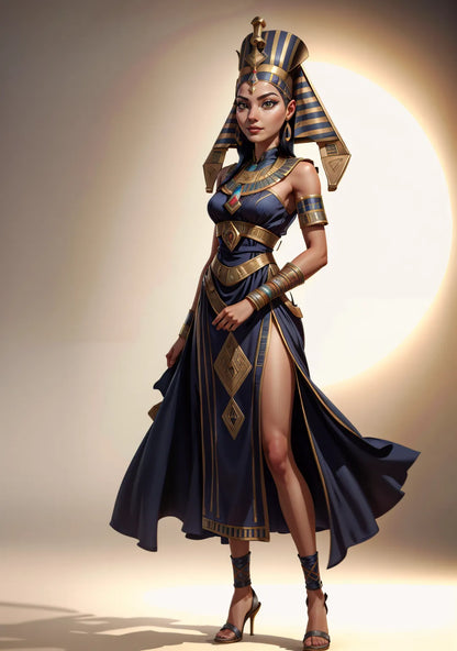 Ancient Egyptian Queen digital art with golden crown and regal attire.