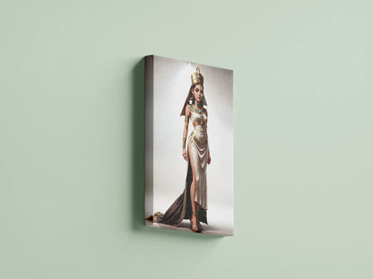 Custom Pharaoh A.I. art on canvas depicting an Ancient Egyptian queen with regal attire and golden crown.