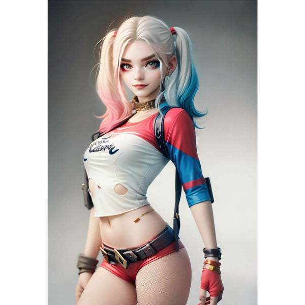 Custom superhero AI digital art featuring a female character with colorful hair and costume.