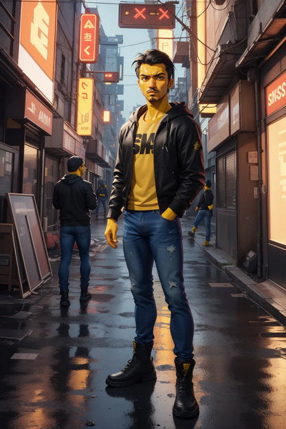 Custom Anime A.I. Art showcasing a character in a street scene, perfect for anime fans.