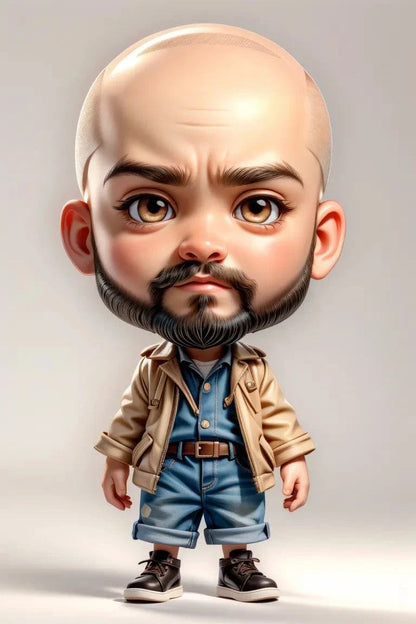 Custom A.I. Art character illustration with oversized head and detailed expression, wearing casual attire, showcasing imaginative design.