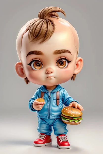 Cute animated character holding a hamburger and a snack in casual attire.
