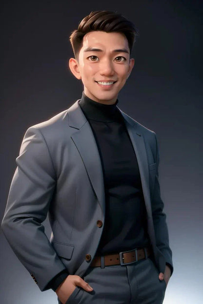 Custom A.I. Art male portrait in a gray suit and black turtleneck.