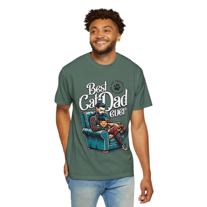 FPD - Best Cat Dad Ever T-Shirt | Tattooed Cat Dad In Armchair Graphic Tee | Funny Pet Lover Gift Shirt