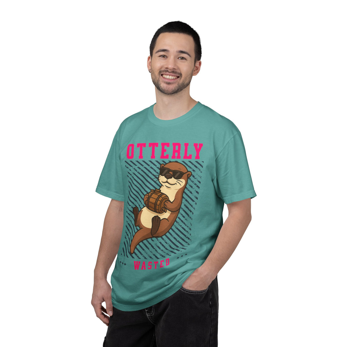FPD - Otterly Wasted Funny Drinking Otter Sunglasses Barrel Streetwear Unisex Heavyweight Cotton T-Shirt, Sarcastic Party Animal Graphic Tee