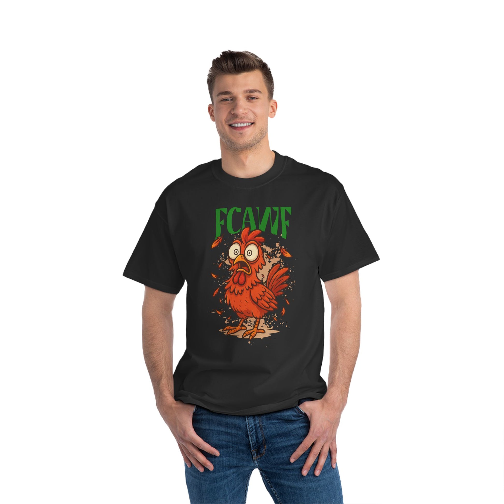 Man wearing a black t-shirt with a cartoon chicken graphic and 'FCAWF' text on a white background