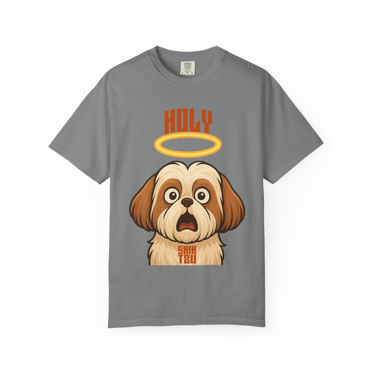 FPD - Holy Shih Tzu Funny Dog Halo Shocked Expression Unisex Heavyweight Cotton T-Shirt, Sarcastic Pet Humor Graphic Tee