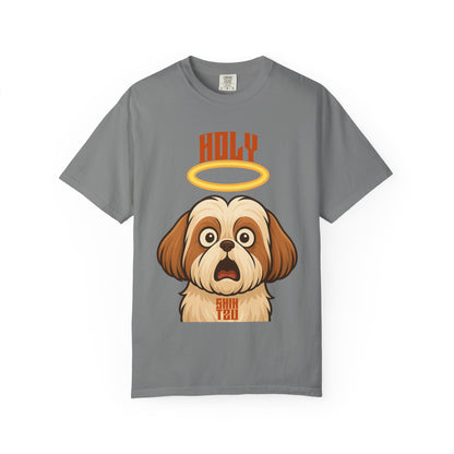 FPD - Holy Shih Tzu Funny Dog Halo Shocked Expression Unisex Heavyweight Cotton T-Shirt, Sarcastic Pet Humor Graphic Tee