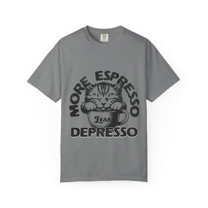 FPD - More Espresso Less Depresso T-Shirt | Minimalist Coffee Humor Graphic Tee | Funny Caffeine Addict Gift Shirt