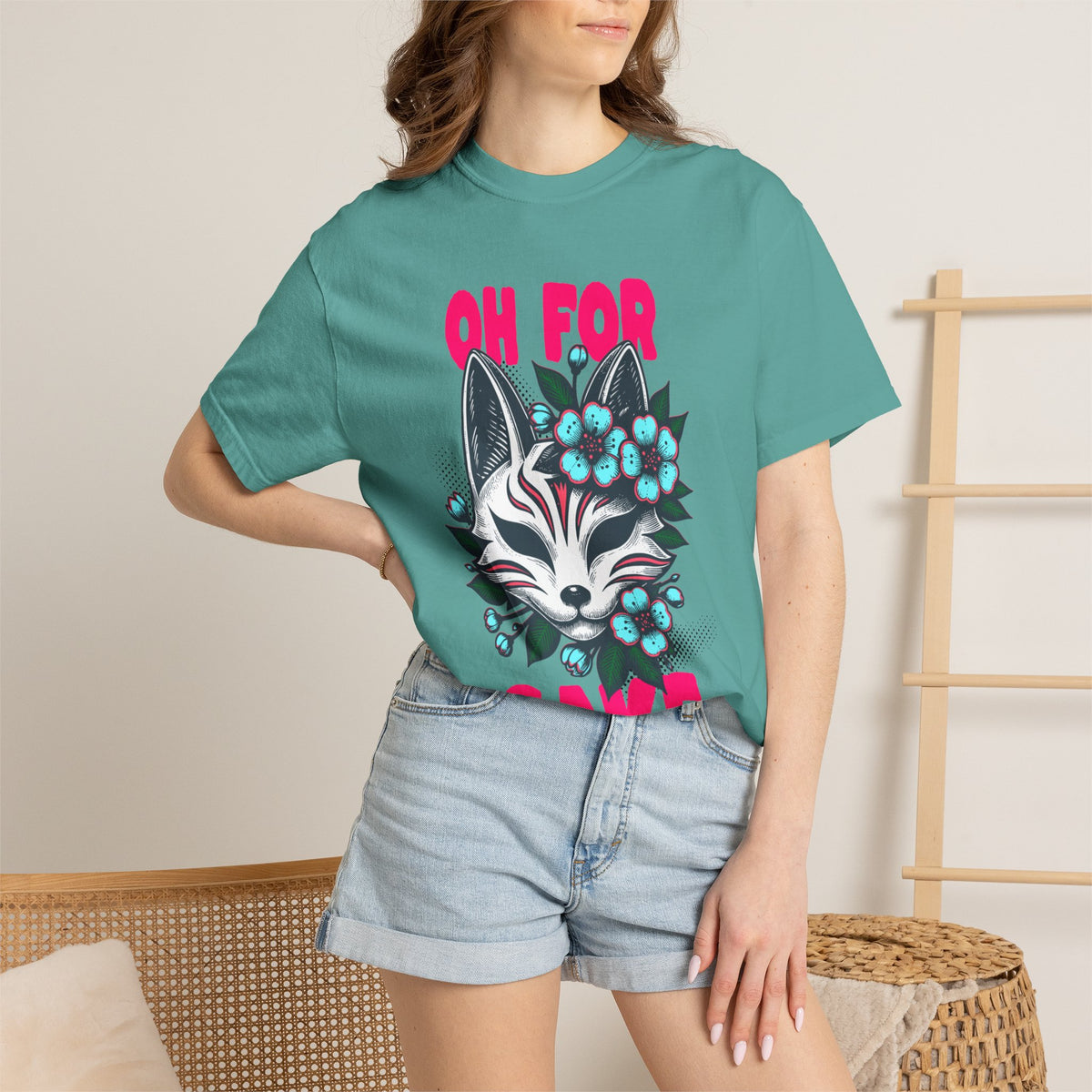FPD - Oh For Sake Japanese Kitsune Fox Floral Streetwear Unisex Heavyweight Cotton T-Shirt, Sarcastic Anime Mask Graphic Tee