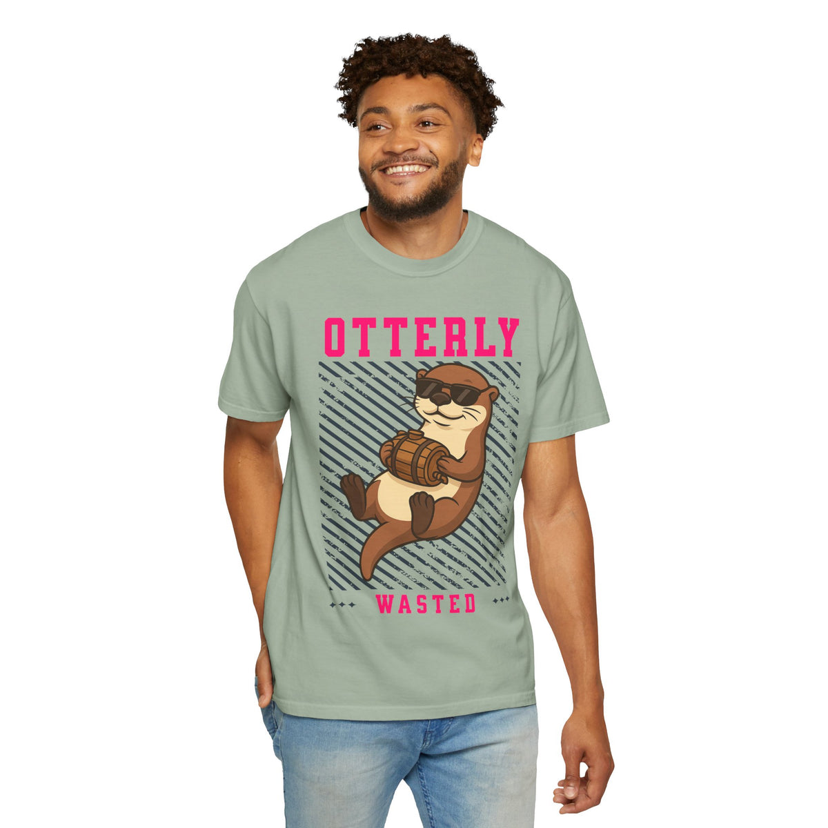 FPD - Otterly Wasted Funny Drinking Otter Sunglasses Barrel Streetwear Unisex Heavyweight Cotton T-Shirt, Sarcastic Party Animal Graphic Tee