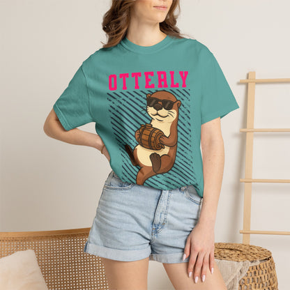 FPD - Otterly Wasted Funny Drinking Otter Sunglasses Barrel Streetwear Unisex Heavyweight Cotton T-Shirt, Sarcastic Party Animal Graphic Tee