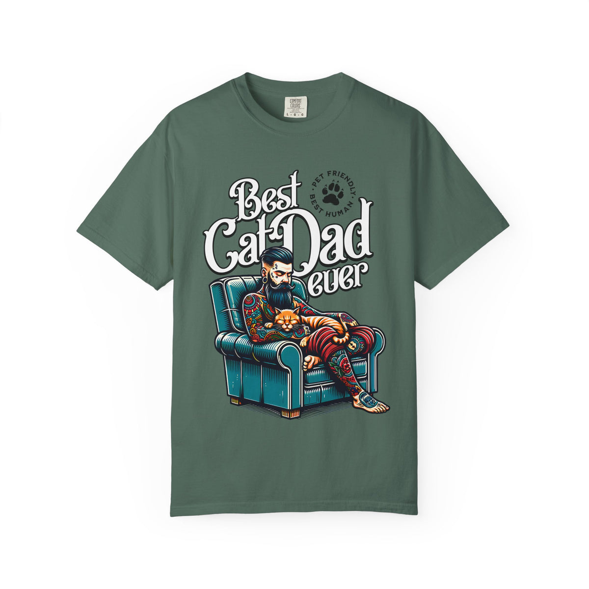 FPD - Best Cat Dad Ever T-Shirt | Tattooed Cat Dad In Armchair Graphic Tee | Funny Pet Lover Gift Shirt