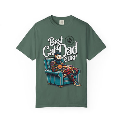 FPD - Best Cat Dad Ever T-Shirt | Tattooed Cat Dad In Armchair Graphic Tee | Funny Pet Lover Gift Shirt