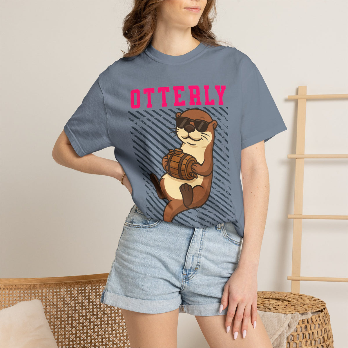 FPD - Otterly Wasted Funny Drinking Otter Sunglasses Barrel Streetwear Unisex Heavyweight Cotton T-Shirt, Sarcastic Party Animal Graphic Tee