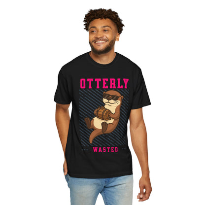 FPD - Otterly Wasted Funny Drinking Otter Sunglasses Barrel Streetwear Unisex Heavyweight Cotton T-Shirt, Sarcastic Party Animal Graphic Tee