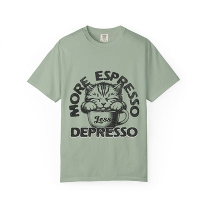 FPD - More Espresso Less Depresso T-Shirt | Minimalist Coffee Humor Graphic Tee | Funny Caffeine Addict Gift Shirt