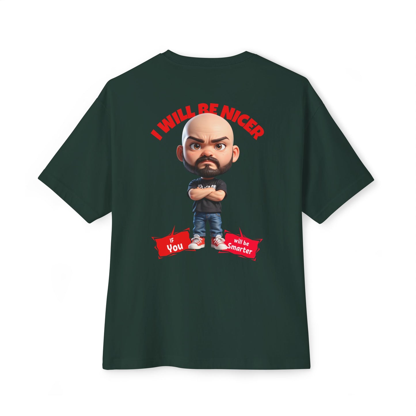 Dark green t-shirt with a cartoon character and text on the back against a white background