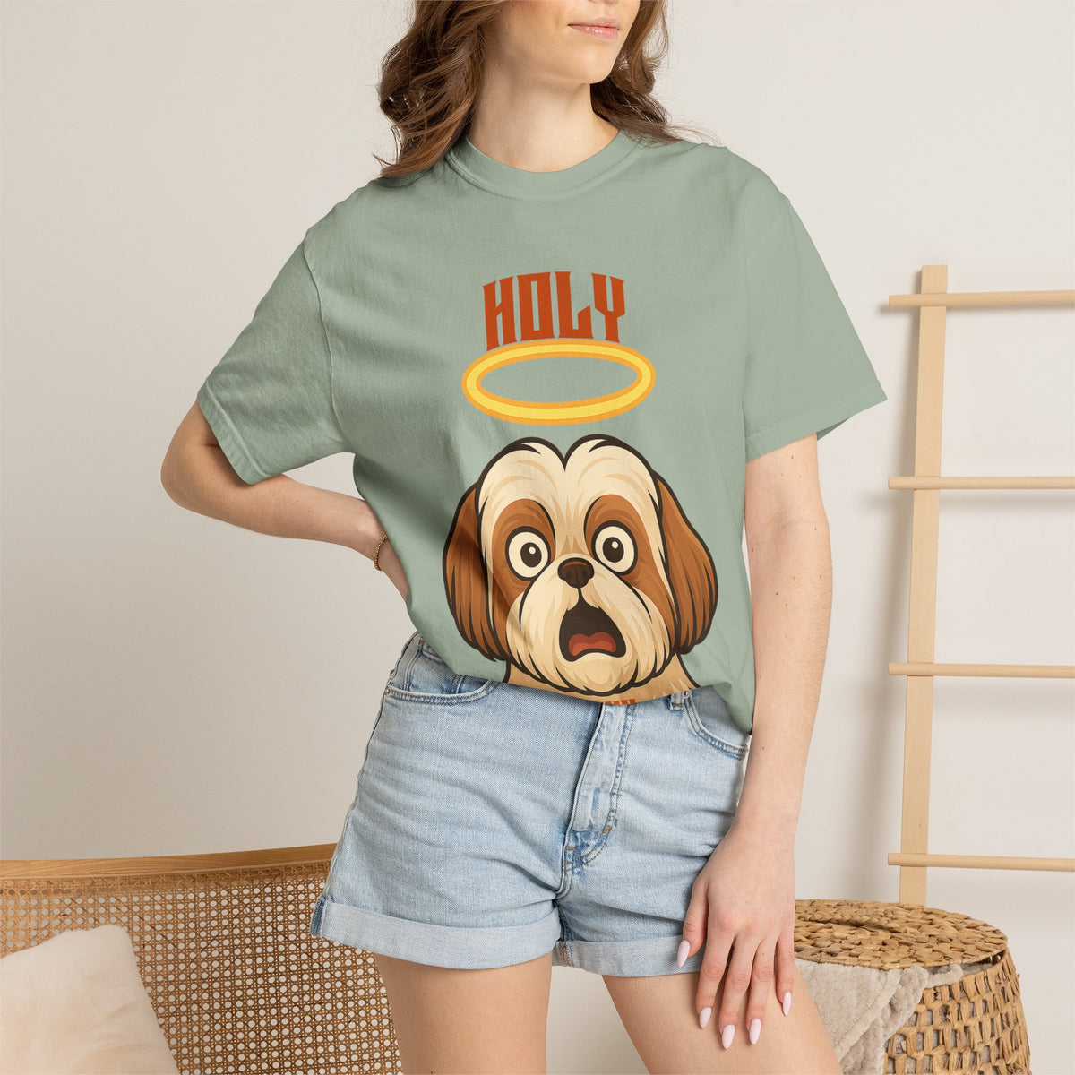 FPD - Holy Shih Tzu Funny Dog Halo Shocked Expression Unisex Heavyweight Cotton T-Shirt, Sarcastic Pet Humor Graphic Tee