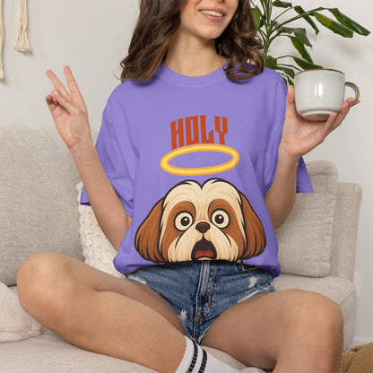 FPD - Holy Shih Tzu Funny Dog Halo Shocked Expression Unisex Heavyweight Cotton T-Shirt, Sarcastic Pet Humor Graphic Tee