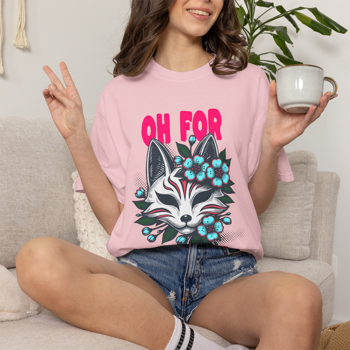 FPD - Oh For Sake Japanese Kitsune Fox Floral Streetwear Unisex Heavyweight Cotton T-Shirt, Sarcastic Anime Mask Graphic Tee