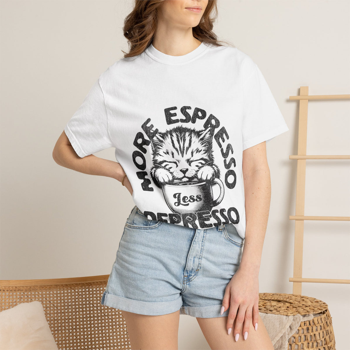 FPD - More Espresso Less Depresso T-Shirt | Minimalist Coffee Humor Graphic Tee | Funny Caffeine Addict Gift Shirt