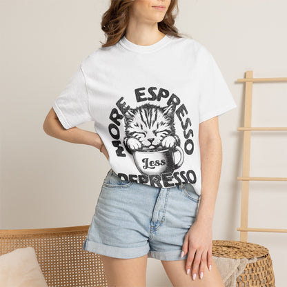 FPD - More Espresso Less Depresso T-Shirt | Minimalist Coffee Humor Graphic Tee | Funny Caffeine Addict Gift Shirt