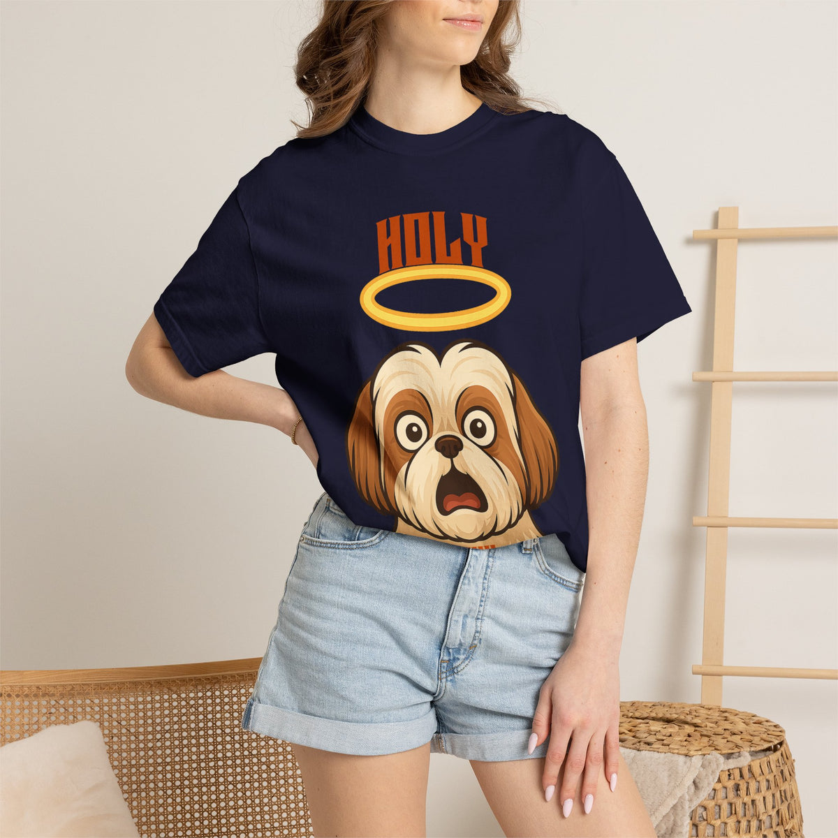 FPD - Holy Shih Tzu Funny Dog Halo Shocked Expression Unisex Heavyweight Cotton T-Shirt, Sarcastic Pet Humor Graphic Tee
