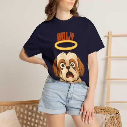 FPD - Holy Shih Tzu Funny Dog Halo Shocked Expression Unisex Heavyweight Cotton T-Shirt, Sarcastic Pet Humor Graphic Tee