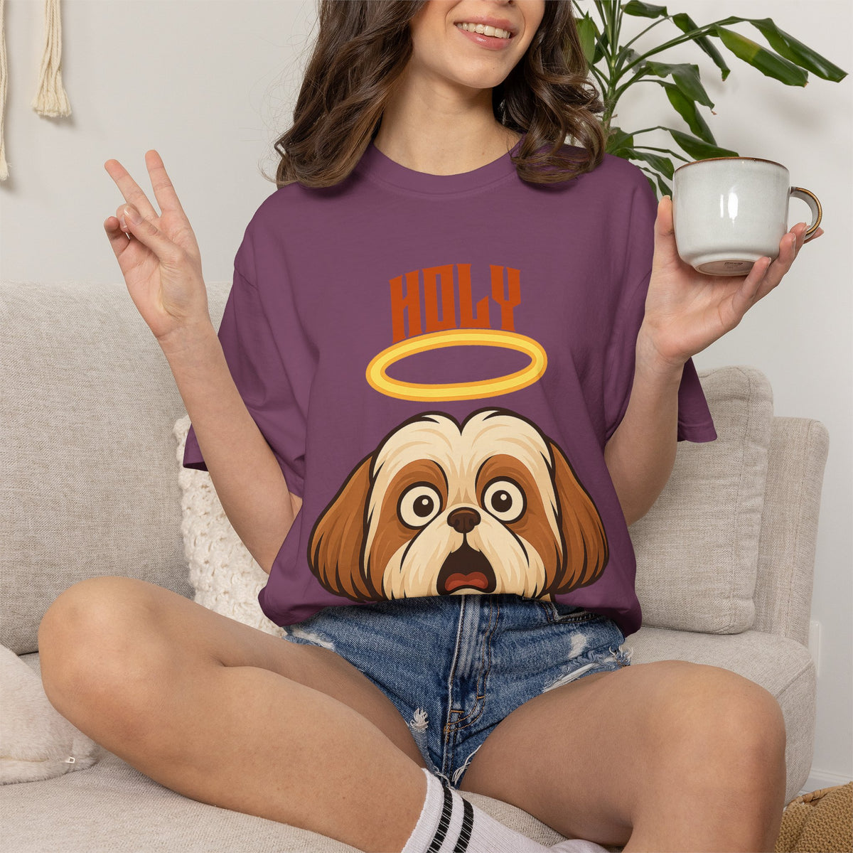 FPD - Holy Shih Tzu Funny Dog Halo Shocked Expression Unisex Heavyweight Cotton T-Shirt, Sarcastic Pet Humor Graphic Tee