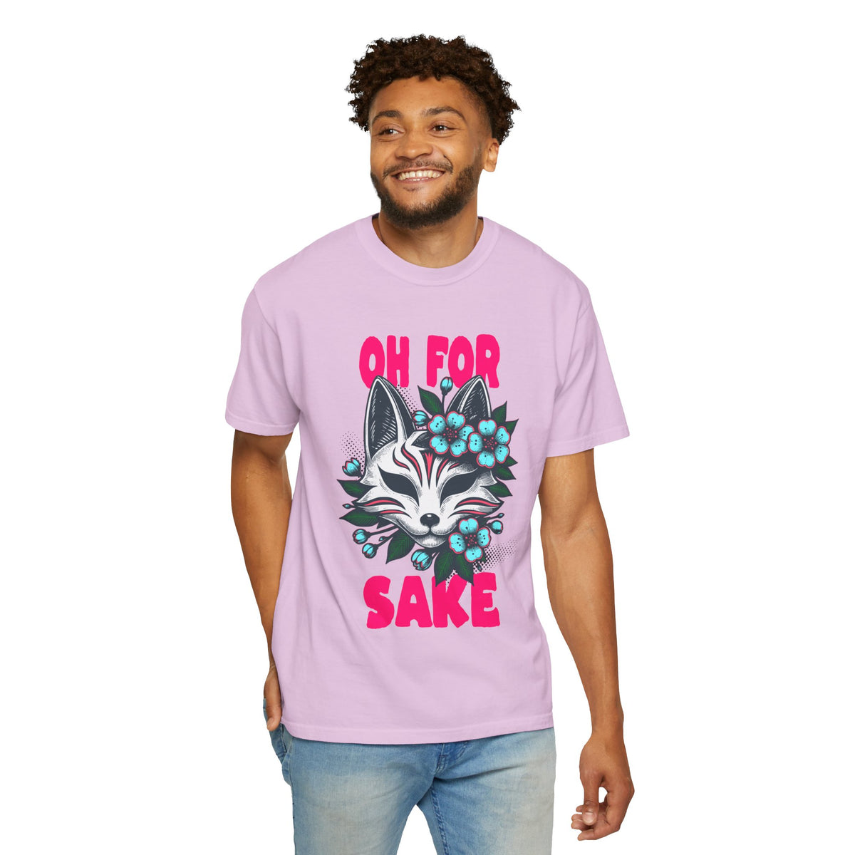 FPD - Oh For Sake Japanese Kitsune Fox Floral Streetwear Unisex Heavyweight Cotton T-Shirt, Sarcastic Anime Mask Graphic Tee