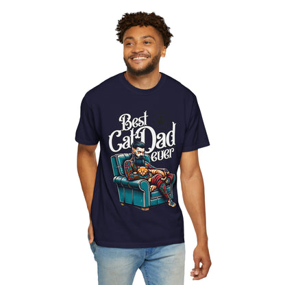 FPD - Best Cat Dad Ever T-Shirt | Tattooed Cat Dad In Armchair Graphic Tee | Funny Pet Lover Gift Shirt