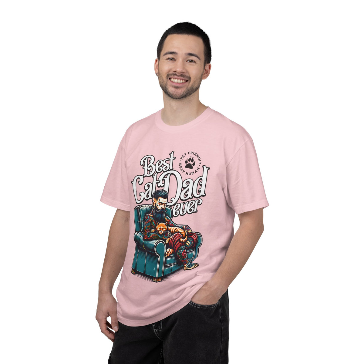 FPD - Best Cat Dad Ever T-Shirt | Tattooed Cat Dad In Armchair Graphic Tee | Funny Pet Lover Gift Shirt